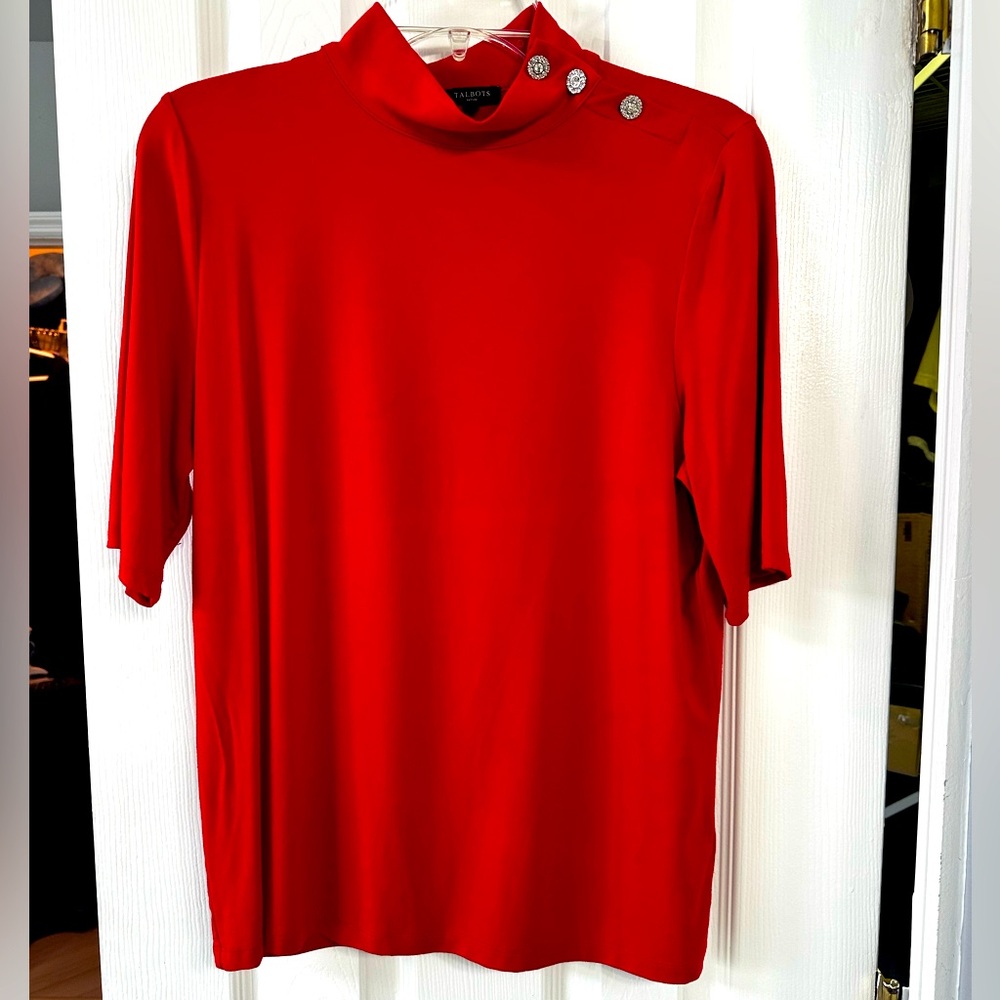 Talbots Size LP red dress top with three sparkly buttons by neckline